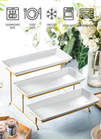 LYEOBOH 3 Tier Serving Stand and Platters Set Large Tiered Serving Platters with Collapsible Sturdier Rack 14 Inches Tiered Serving Tray for Appetizer Fruit, Dessert and Cupcake, White