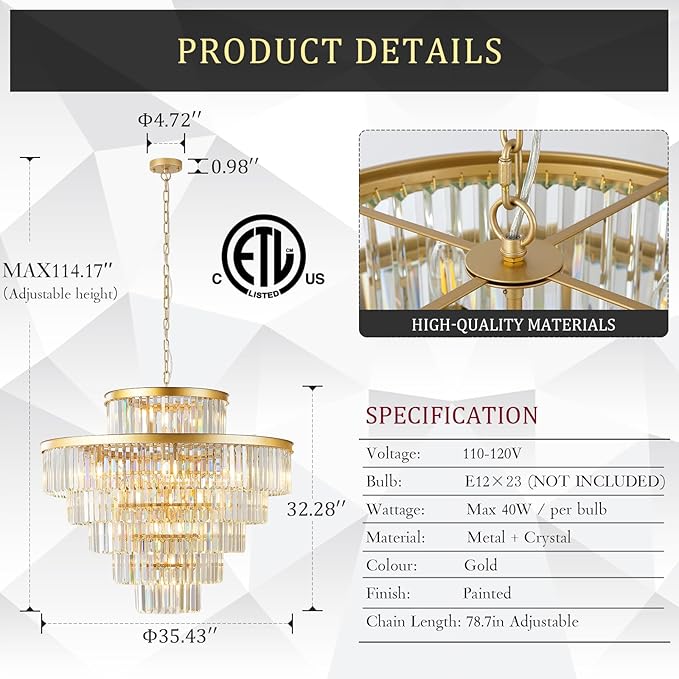Large 36" Gold Crystal Chandeliers 23 Lights Modern Luxury Chandelier for Foyer Staircase Chandeliers 6 Tiers Round K9 Ceiling Pendant Lighting Fixture for Living Dining Room