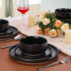 LIANYU 18PCS Dinnerware Plates and Bowls Sets, Ceramic Dishes Set for 6, Stoneware Dinner Dessert Salad Plates Cereal Bowls, Scratch Resistant Dishware, Microwavable & Dishwasher Safe, Matte Black