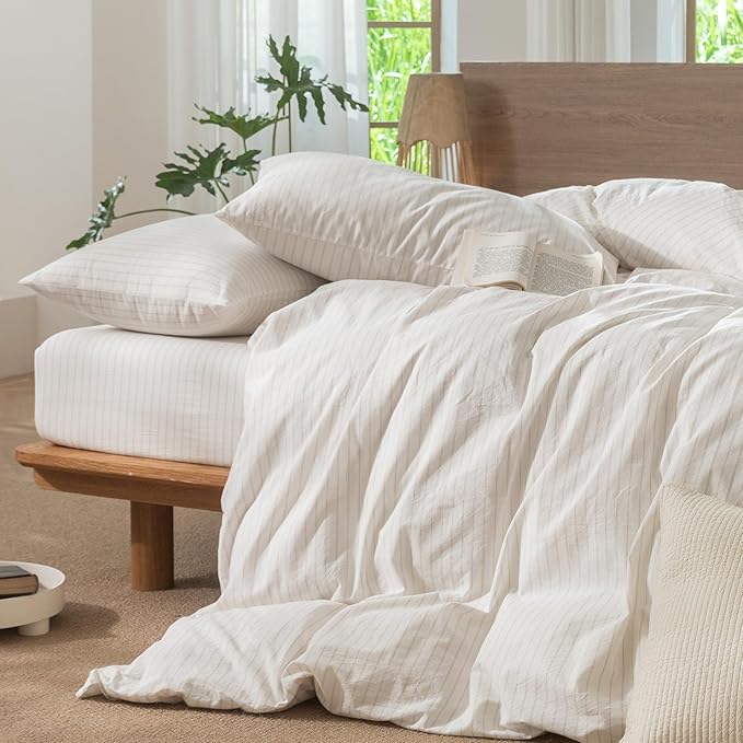 MooMee Striped Duvet Cover Set 100% Washed Cotton Linen Like Textured Breathable Durable Soft Comfy (White Almond Milk Grey Wide Stripes, Oversized King Plus 128"x120")