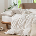 MooMee Striped Duvet Cover Set 100% Washed Cotton Linen Like Textured Breathable Durable Soft Comfy (White Almond Milk Grey Wide Stripes, Palatial King/Oversized King 120"x98")