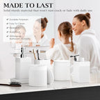 6-Piece White Bathroom Set - Modern Resin Bathroom Accessories Set with Soap Dispenser, Toothbrush Holder, Vanity Tray, Tumbler & Apothecary Jars for Small Spaces