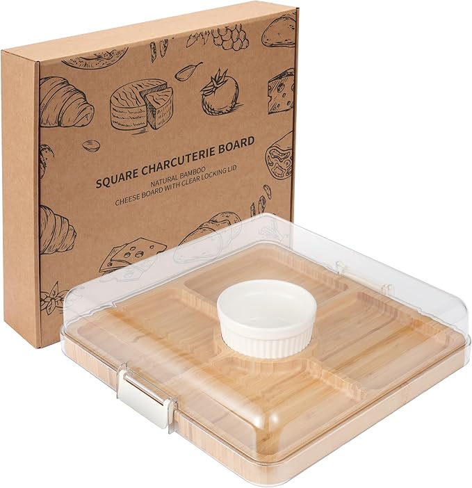 WILLKOMMEN Charcuterie Board with Lid- 5 Compartment Carbonized Bamboo Serving Tray with Locking Lid, Square Serving Platter Divided Serving Dishes for Party Cheese Snack Fruit