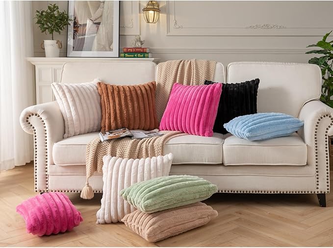 DEELAND Pack of 2,Double-Sided Faux Fur Plush Decorative Throw Pillow Covers Fuzzy Striped Soft Pillowcase Cushion Covers for Sofa Couch Bedroom Brown 26x26 inch