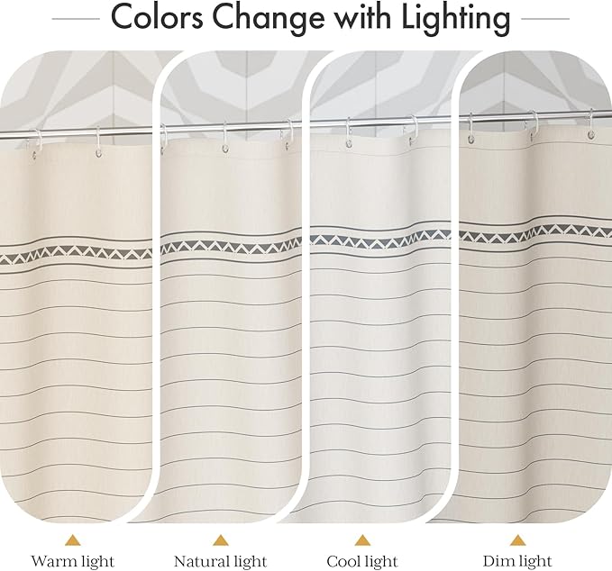 AmazerBath Boho Shower Curtain Set, Grey Shower Curtain with Tassels, Rustic Faux Linen Gray Striped Modern Farmhouse Shower Curtain with Hooks, Light Tan Toned, 72x72 Inches