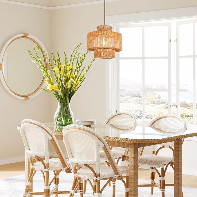Rattan Pendant Light Fixture Boho Hanging Light Woven Rattan Ceiling Light Adjustable Basket Light Fixture for Kitchen Island Hallway Bedroom Dinning Table Nursery Light