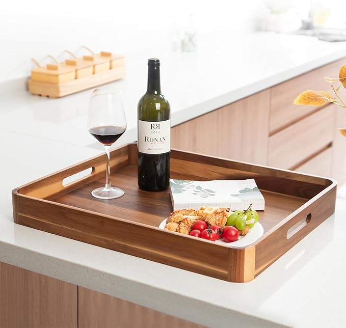 GinSent Wooden Serving Tray with Handles,Rustic Ottoman Tray for Kitchen Counter/Coffee Table/Living Room Decor,Versatile Tray for Party Picnic Barbecue