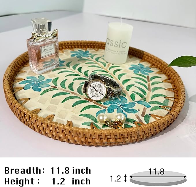 11.8 inch Round Rattan Serving Tray with Mother of Pearl Inlay Wicker Platter Coffee Tray for Coffee Table Decor Coastal Boho Kitchen Storage Display Decorative Basket Food Tray Handmade Wall Decor