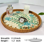 11.8 inch Round Rattan Serving Tray with Mother of Pearl Inlay Wicker Platter Coffee Tray for Coffee Table Decor Coastal Boho Kitchen Storage Display Decorative Basket Food Tray Handmade Wall Decor