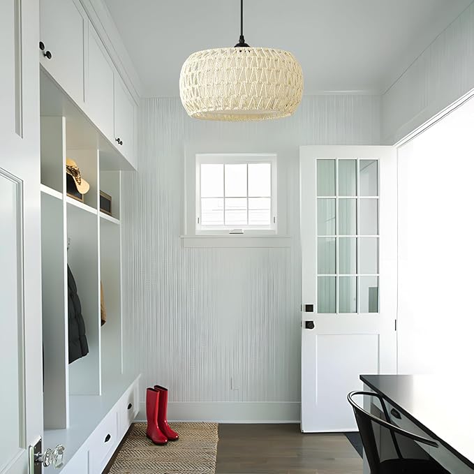 Boho Rattan Chandelier Light Fixture, 1-Lights Farmhouse Pendant Light Hand Woven Chandeliers for Dining Room with Fabric Shade Rustic Chandeliers Hanging Light Fixtures for Kitchen Island