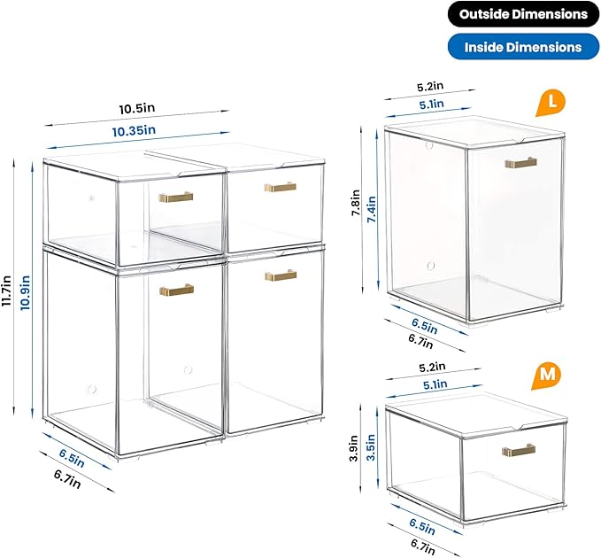 4 Pack Stackable Clear Acrylic Storage Drawers with Golden Handles, Plastic Drawer Organizers for Makeup, Kitchen, Bathroom, Office, Under Sink & Cabinet Organization(6.7"D x 10.6"W x 12"H)
