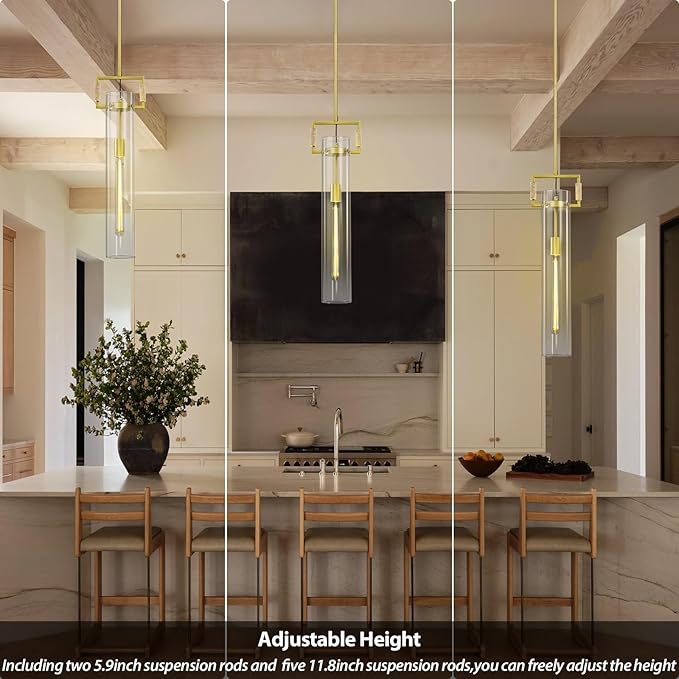 Modern Gold Pendant Light Set of 2, 21.6'' Pendant Lights Kitchen Island, Adjustable Height Brass Glass Pendant Light Fixtures, Large Pendant Lights for Dinning Room Farmhouse Bathroom