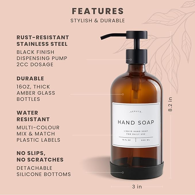 16oz Glass Soap Dispenser with Stainless Steel Pump, 21 Waterproof Labels, Non-Slip Protective Silicone Pad, Set of 2 for Bathroom & Kitchen (Amber Bottle/Black Pump)
