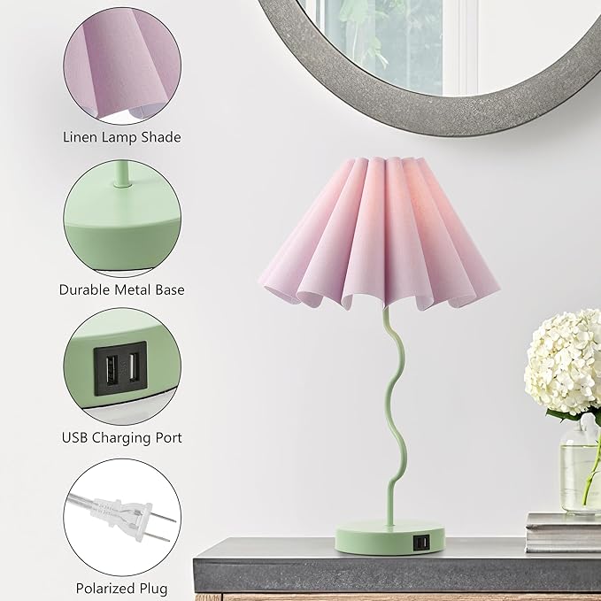 Pleated Table Lamp, Table Lamp for Bedroom, Bedside Lamps for Nightstand with Linen Lampshade, Modern Lamp for Bedroom Home Office Decor, Green