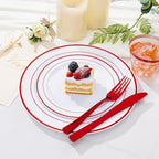 WELLIFE 210 Piece Red Plastic Dinnerware Set, Disposable Plates for Party,Include: 30 Dinner Plates, 30 Dessert Plates, 30 Pre Rolled Napkins with Gold Silverware and 30 Gold Cups