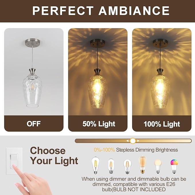 Glass Pendant Lights Kitchen Island 2 Pack, Brushed Nickel Pendant Light Fixtures with Hand-Blown Clear Glass, Modern Hanging Light for Kitchen Sink Dining Room Bedroom, E26