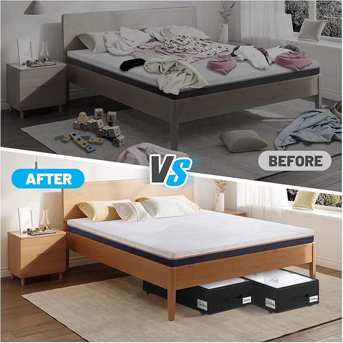 2 Pack Under Bed Storage with Wheels 6.7" Height, Rolling Storage Bins XL 50L, Underbed Shoe Storage Containers with Label & Clear Lid, Dorm Under bed Drawers for Clothes, Shoes, Quick Assembly, Black