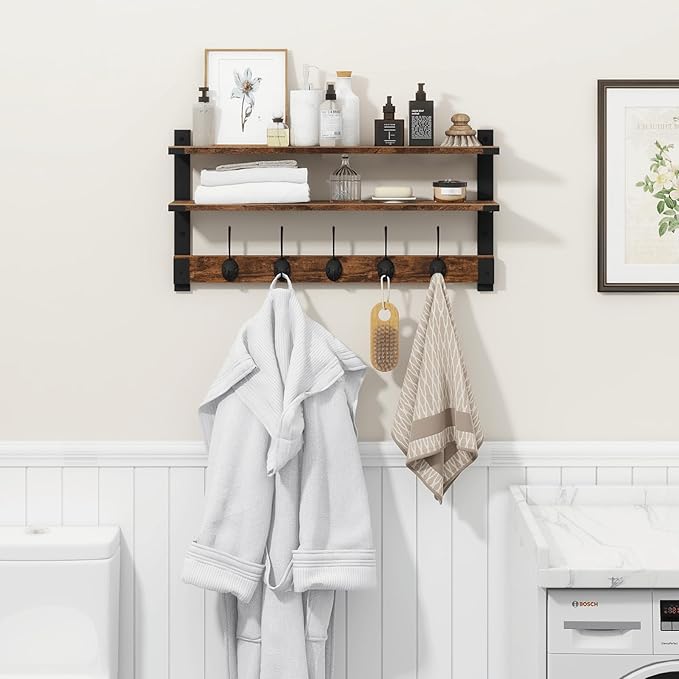 Homode Coat Rack Wall Mount with Shelf, Two-Tier Entryway Wall Shelf with Hooks, 24 in Wood Floating Storage Shelves, Coat Hanger for Hanging Hat Towel Jacket Purse Backpack, Rustic Brown