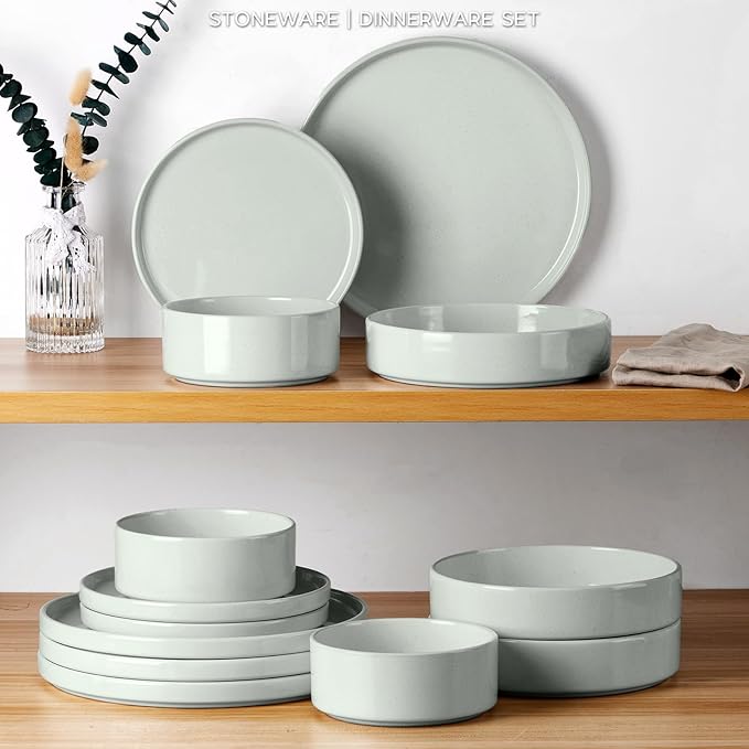 Onader Stoneware Dinnerware Sets, 8 Piece Plates and Bowls Dishes Sets for 2, Speckled Kitchen Dishware Dining Ware with Double Bowl – Pale Sage Green