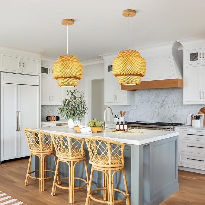 11.8inch Bamboo Pendant Light, Boho Chandelier Hand-Woven Wicker Rattan Hanging Ceiling Lighting, Rustic Farmhouse Pendant Lamp for Kitchen Island, Dining Room, Bedroom, Living Room, Foyer