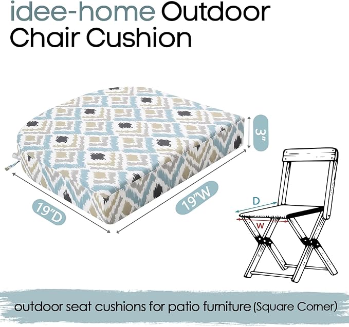 idee-home Outdoor Chair Cushions Set of 2, Thick 19" x 19" x 3" Outdoor Seat Cushions Patio Furniture Waterproof with Ties, Dining Pads