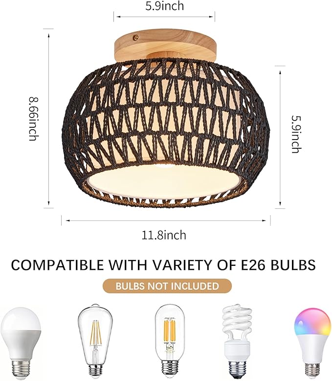 Boho Rattan Ceiling Light Fixture - 3 Style Options Wicker Semi Flush Mount Ceiling Lights,Black Bohemian Woven Basket Chandelier,Coastal Light Fixtures for Hallway Bedroom Nursery Playroom Laundry