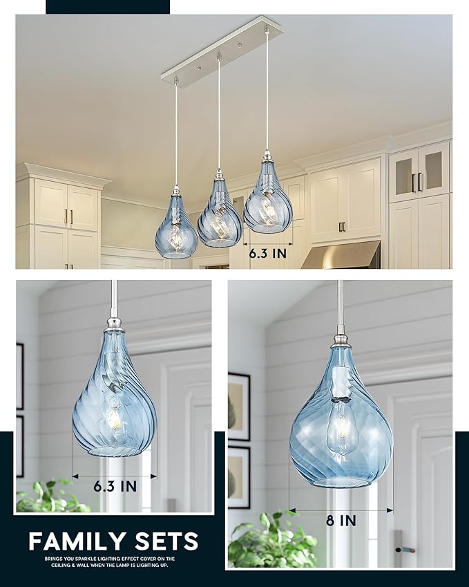 TENGXIN 8 Inch Hanging Light for Kitchen Island,Kitchen Pendant Lighting Over Island,Brushed Nickel Finished Blue Glass Pendant Light,Farmhouse Pendant Light for Dining Room,TXPLBN13-L