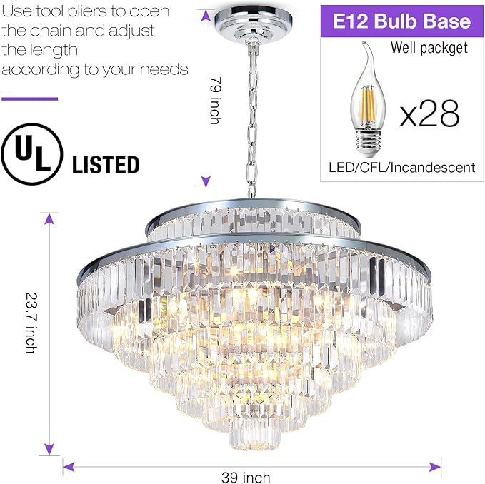 Crystal Chandeliers Modern Style Chrome 39 inch & Lights Round Hanging Classic Pendant Ceiling Chandelier Lighting Fixture 7-Tier for Dining Room Living Room