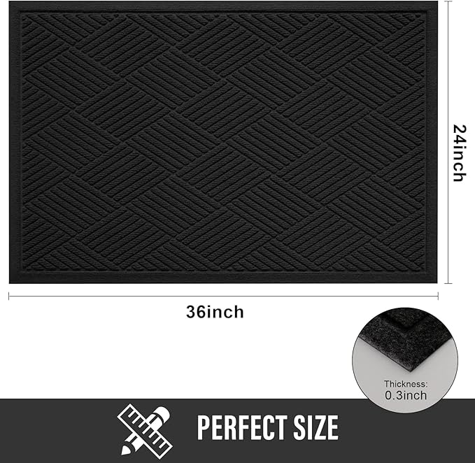 Sturdy Front Door Mat, Absorbent Muddy Dirt Resist Welcome Door Mats Outdoor Indoor, Stain and Fade Resistant, Non-Slip Rubber Backing Low Profile Doormat for Entryway, 36×24, Black