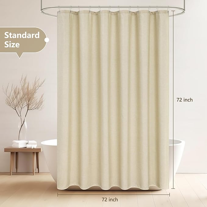 Faux Linen Textured Farmhouse Beige Shower Curtain, Heavy Duty Cream Fabric Shower Curtain Wrinkle-Free, 72 x 72 inch Natural Linen Look Water Repellent Shower Curtains Washable for Bathroom