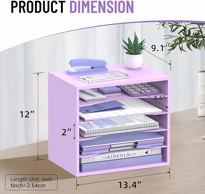 5-Tier Wood Desk Organizer, Paper Tray Organizer for Desk with Adjustable Storage Shelves, Desktop Paper Sorter Mail Holder for Office Home Classroom, Purple