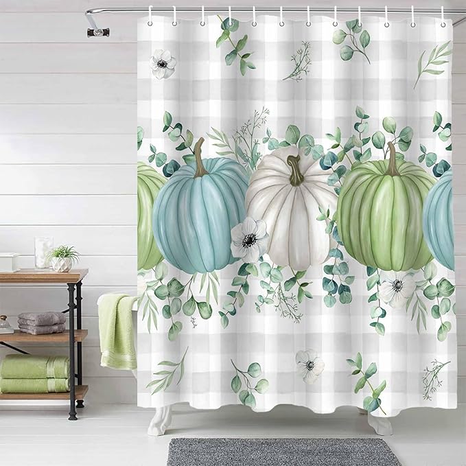 Fall Thanksgiving Shower Curtain, Autumn Pumpkins Eucalyptus Leaves Shower Curtains Set with Hooks, White Blue Green Gray Plaid Waterproof Fabric Bathroom Curtains Decor Accessories,Stall 36 X 72 Inch
