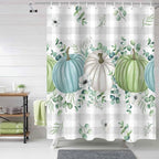 Fall Thanksgiving Shower Curtain, Autumn Pumpkins Eucalyptus Leaves Shower Curtains Set with Hooks, White Blue Green Gray Plaid Waterproof Fabric Bathroom Curtains Decor Accessories,72 X 72 Inch Long