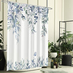 Eucalyptus Shower Curtain, Blue Watercolor Leaves with Floral Botanical Bathroom Decor, Waterproof Fabric Bath Curtain Set with Hooks, 72x84 Inches