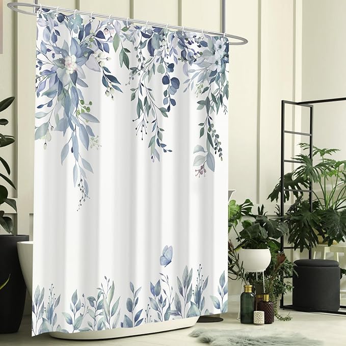Eucalyptus Shower Curtain, Blue Watercolor Leaves with Floral Botanical Bathroom Decor, Waterproof Fabric Bath Curtain Set with Hooks, 72x84 Inches