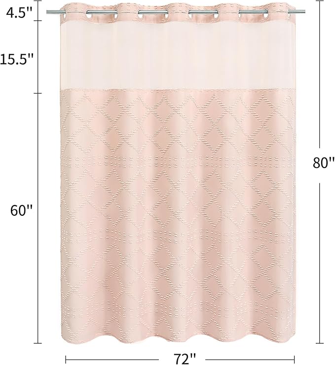 No Hooks Boho Light Pink Woven Fabric Shower Curtain 72 x 80 Modern Farmhouse, Tufted Chevron Striped Shabby Chic Textured, Minimalist Hookless Shower Curtains for Bathroom, Hotel Decor