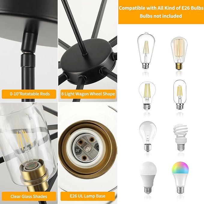 Black Chandeliers for Dining Room, Farmhouse Chandeliers 8 Light Dining Room Light Fixture with Clear Glass Shades Gold Pendant Lighting for Kitchen Island Living Room Entryway Staircase
