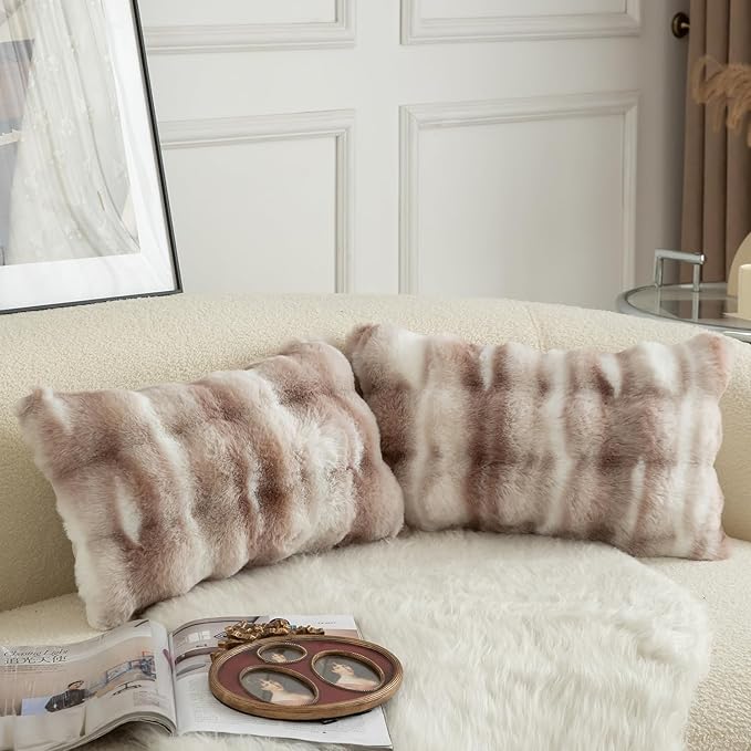 MANDIOO Pack of 2 Thick Plush Wool Decorative Throw Pillow Covers Super Soft Wave Bubble Fur Velvet Cushion Covers Pillow Shams for Couch Bed Living Room 12x20 Inch White Taupe