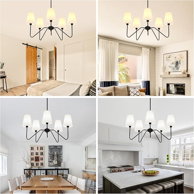 5-Light Modern Chandeliers, Pendant Lights Fixture with Linen Beige Fabric Shade for Living Room Dining Room Bedroom Hallway Entryway, Height Adjustable,E12