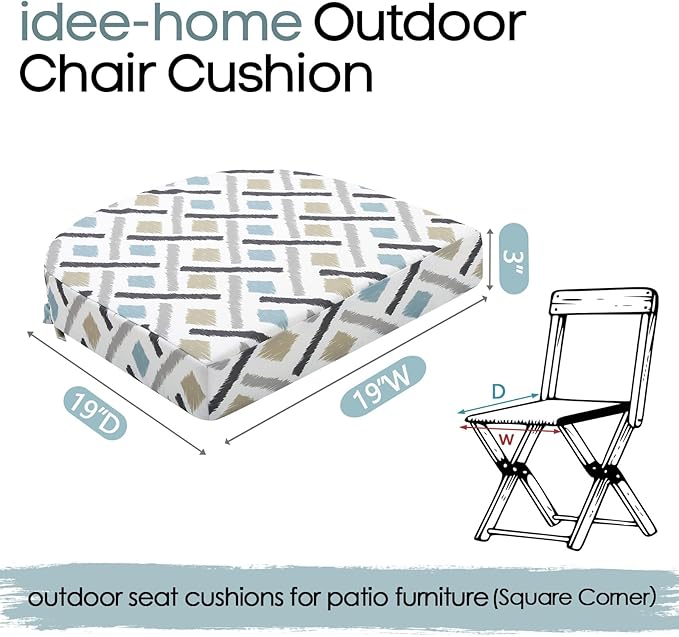 idee-home Outdoor Chair Cushions Set of 2, Thick 19" x 19" x 3" Outdoor Seat Cushions Patio Furniture Waterproof with Ties, Dining Pads