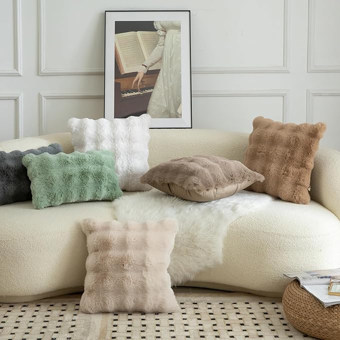 MANDIOO Pack of 2 Thick Plush Wool Decorative Throw Pillow Covers Super Soft Wave Bubble Fur Velvet Cushion Covers Pillow Shams for Couch Bed Living Room 20x20 Inch Camel