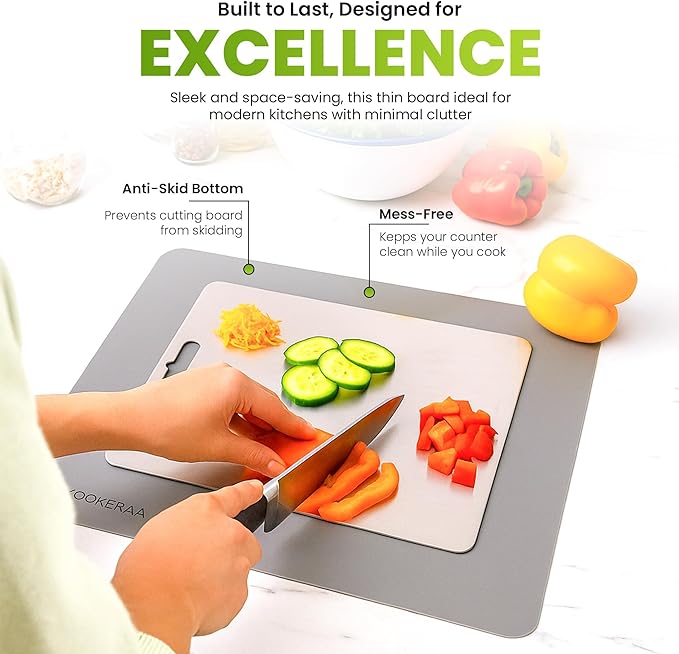 Titanium Cutting Board with Anti-Slip Silicone Pad & Multipurpose Scraper, Food Grade Rustproof Stainless Steel Cutting Board Kitchen Set, Space Saving Design, Non-Skid Bottom (11.4" x 7.8")