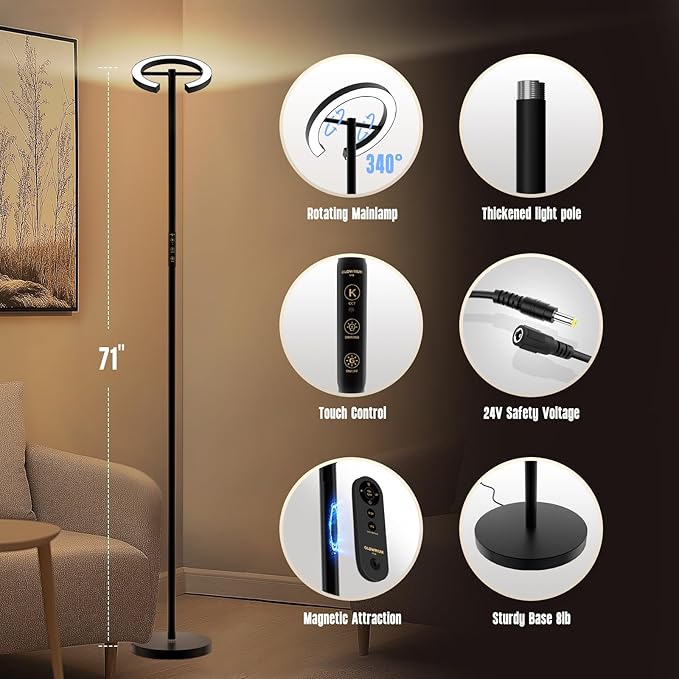 GLOWRIUM-H3B Floor Lamp for Bedroom, 71 Inch Bright LED Modern Corner Lamp with Remote, 4 Color Temperatures Tall Standing Reading Lamp with Timer for Bedroom, Stepless Dimmable, Rotatable Head