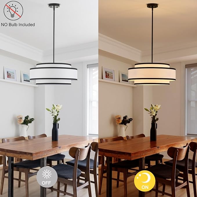 19.7" Black Drum Chandelier with White Linen Lampshade 4-Light Modern Farmhouse Chandelier Light Fixture for Dining Room, Kitchen Island, Foyer Entryway Bedroom