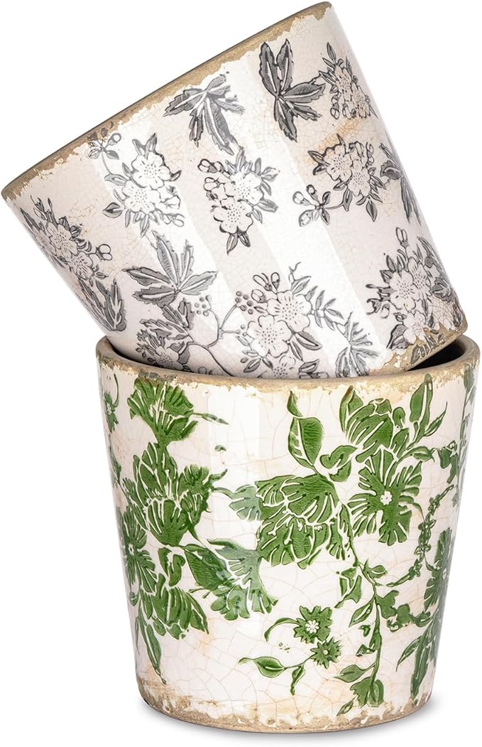 Sungmor Vintage Ceramic Planter Set of 2 - Decorative Indoor & Outdoor Flower Pots with Drainage Holes - Tuscan Décor Pots, 5.5" Ice Crackle Glaze Planters for Home, Kitchen, Patio, and Garden