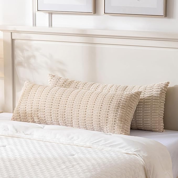 Fancy Homi Tan Long Body Lumbar Decorative Throw Pillow Cover 14x36 Inch for Bed Couch Bedroom Bench, Soft Corduroy Rectangle Solid Pillow Case 35x91 cm, Beige Rustic Farmhouse Boho Room Decor
