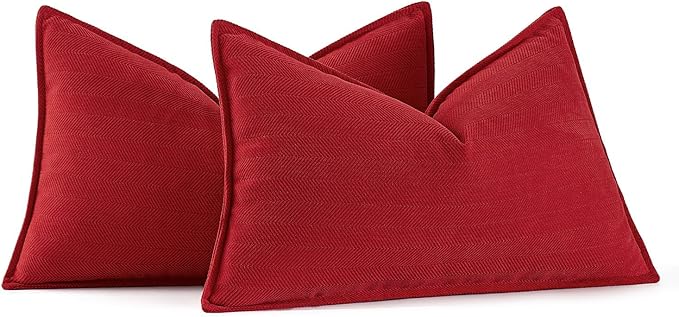 MIULEE Pack of 2 Christmas Red Decorative Lumbar Pillow Covers 12x20 Inch Soft Chenille Luxurious Couch Throw Pillows Farmhouse Cushion Covers with Elegant Design for Sofa Bedroom Living Room Decor