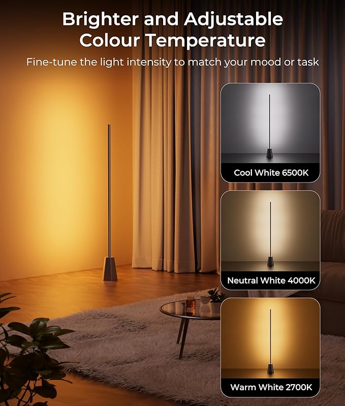 Corner Floor Lamp, RGBCW Smart Floor Lamp, 16 Million Colors, Music Sync, 1500lm, 2700-6500K, LED Corner Lamp with Alexa & Google Compatible, Led Floor Lamps for Living Room Bedroom Gaming