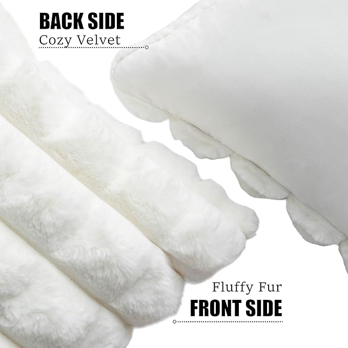 Neelvin Cream White Faux Fur Cozy Soft Plaid Decorative Throw Pillow Covers 16x16 inch Set of 2,Velvet Pillowcase Cushion Case for Sofa Couch
