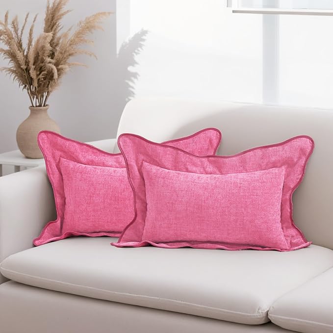 HAUSSY Scalloped Pillow Covers 12x20 Set of 2,Decorative Lumbar Throw Pillows Cute Aesthetic Preppy Cushion Covers for Couch Bed Living Room,Hot Pink